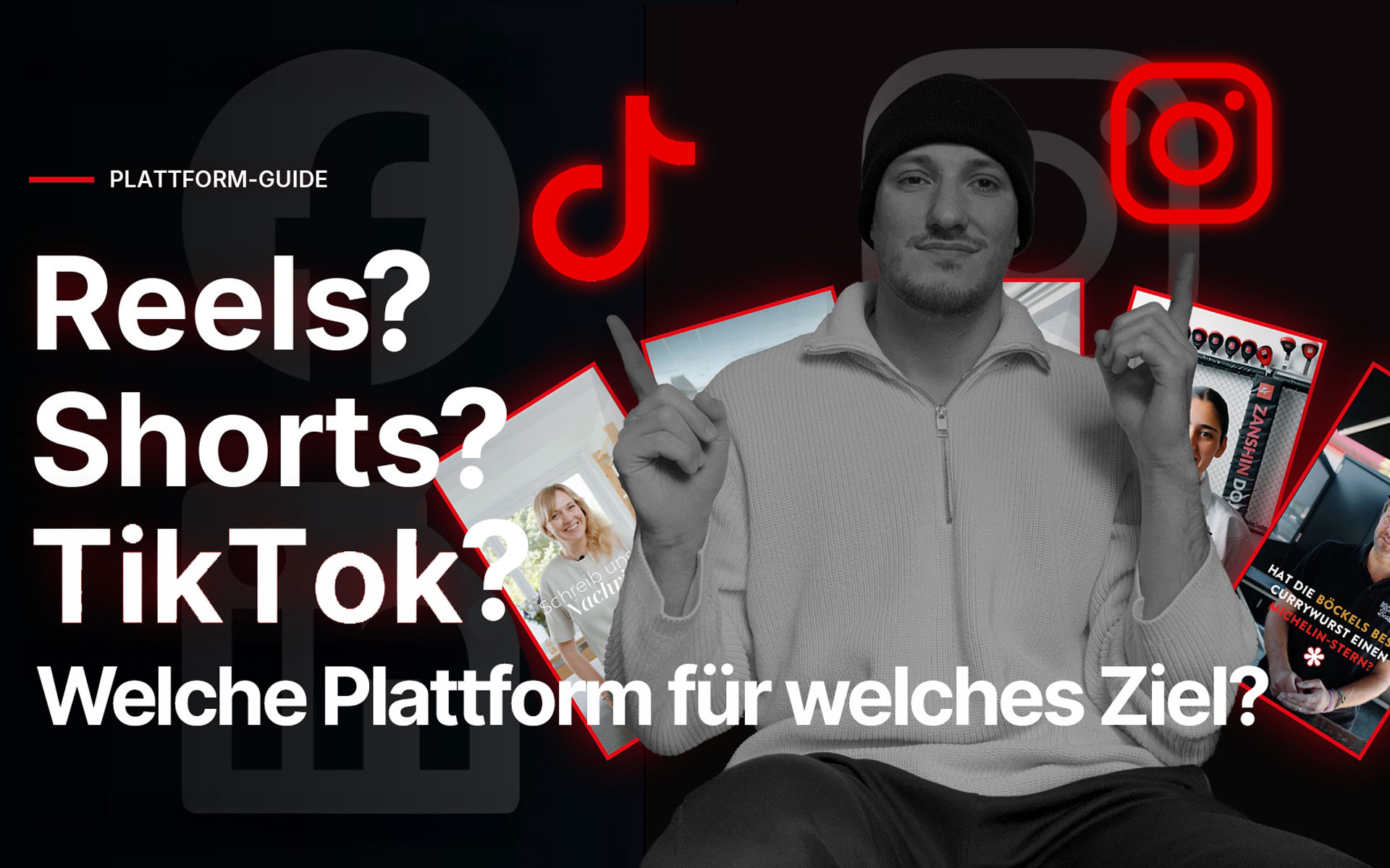 Leon Farrenkopf, Videographer für Social Media Content zeigt auf zwei Logos von Instagram und Tik Tok, Referenz zu der Entscheidung zwischen den verschiedenen Plattformen